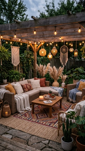 Backyard seating area ideas with boho lounge decor