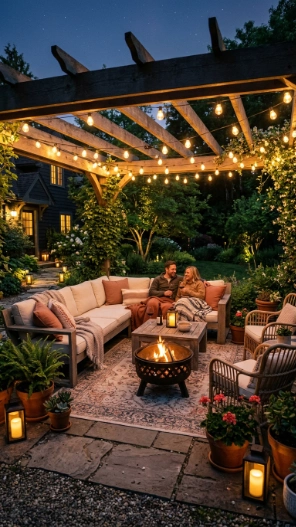 Backyard seating area ideas with string lights