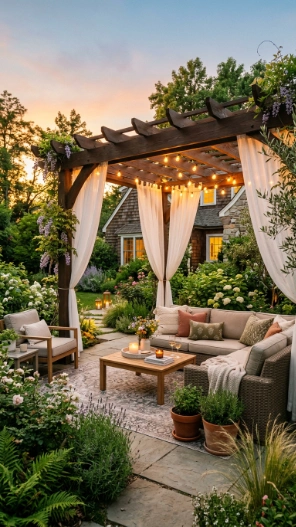 Backyard seating area ideas with pergola