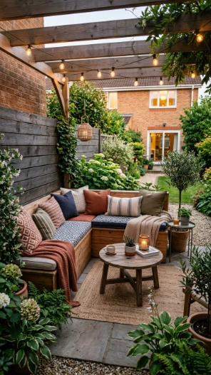 Backyard seating area ideas with built-in benches