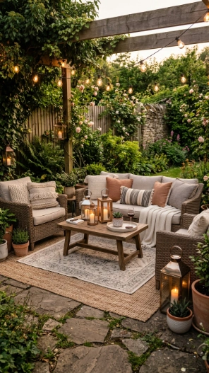 Backyard seating area ideas with outdoor rugs and pillows