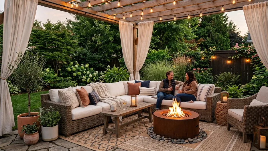 Backyard seating area ideas with cozy outdoor lounge and warm lighting