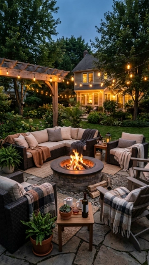Cozy backyard ideas with fire pit lounge and warm lighting