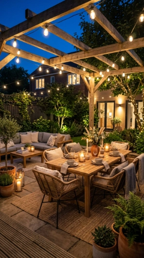 Cozy backyard ideas with warm outdoor string lights