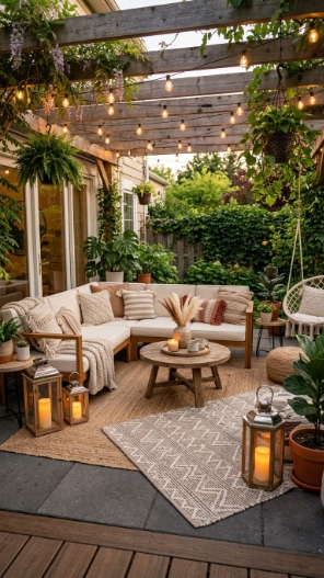 Cozy backyard ideas with outdoor rugs and pillows