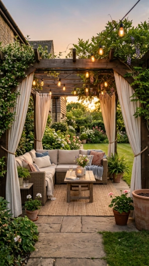 Cozy backyard ideas with stylish pergola setup