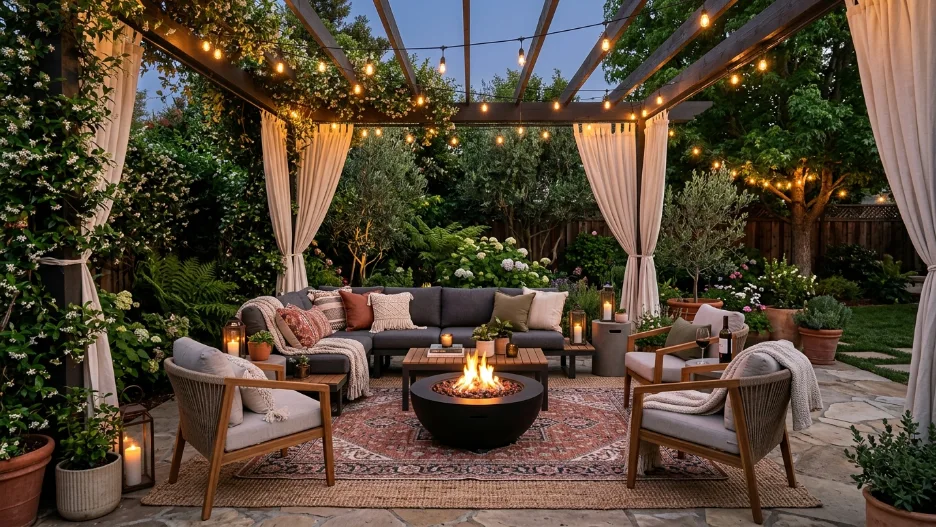 Cozy backyard ideas with fire pit and warm patio lighting