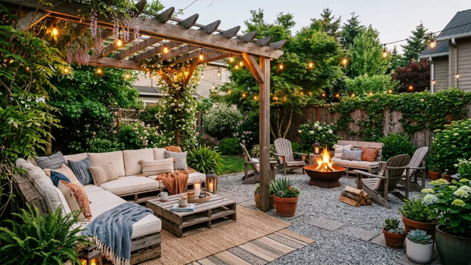 DIY backyard ideas with cozy patio and fire pit