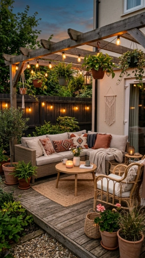 Small backyard ideas with cozy outdoor seating area and warm lighting