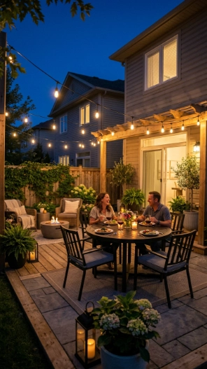 Small backyard patio ideas with warm string lights