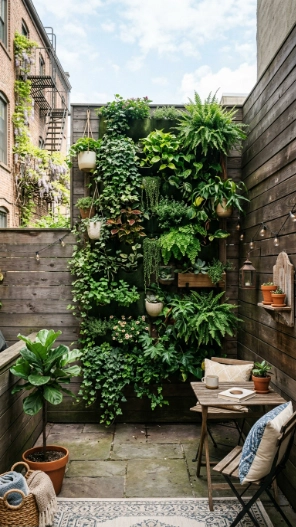 Small backyard patio ideas with vertical garden wall