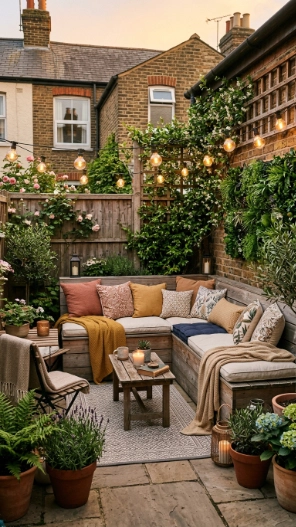 Small backyard patio ideas with built-in benches