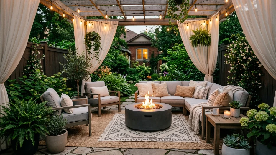Small backyard patio ideas with cozy seating and warm lighting