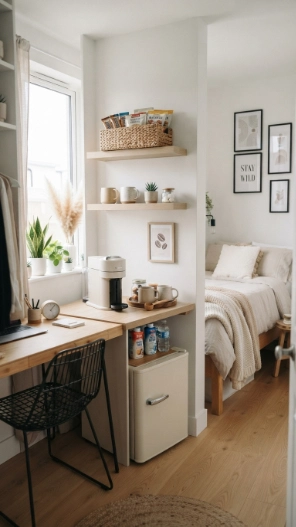 Dorm room ideas for guys with mini fridge and coffee station