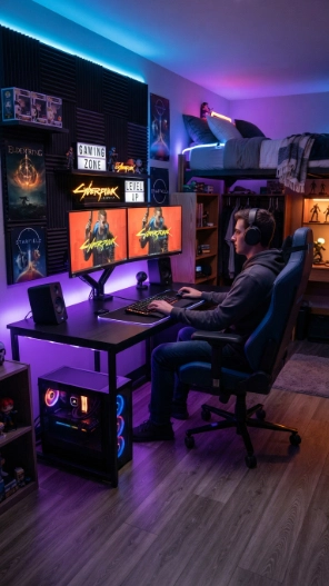 Dorm room ideas for guys featuring a gaming setup