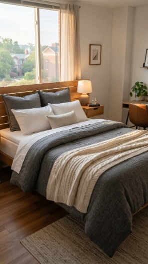 Dorm room ideas for guys with a cozy dorm bed