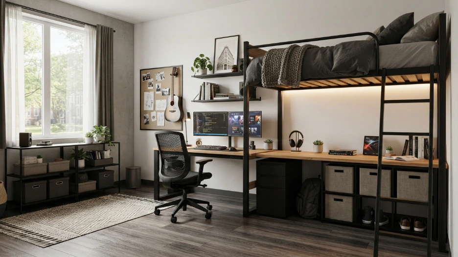 Dorm room ideas for guys featuring a modern minimalist college dorm with smart storage and stylish decor