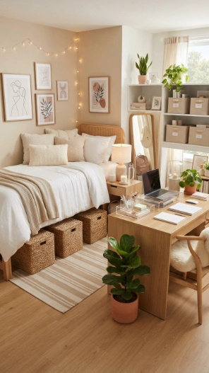 Stylish dorm room storage ideas with aesthetic decor