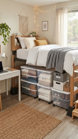 Dorm room storage ideas using under-bed storage