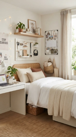 Vertical dorm room storage ideas with floating shelves