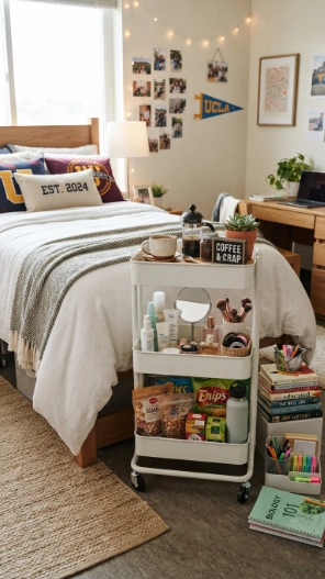 Rolling storage cart for dorm room organization