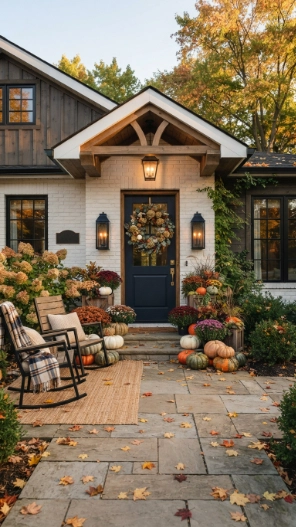 Front Doors Fall Porch Decorating Ideas with pumpkins, mums, lanterns, and a welcoming autumn entrance