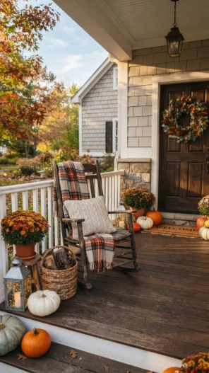 Front Doors Fall Porch Decorating Ideas with cozy seating