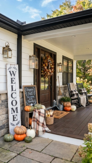 Front Doors Fall Porch Decorating Ideas with welcome signs