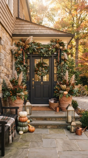 Front Doors Fall Porch Decorating Ideas with natural greenery