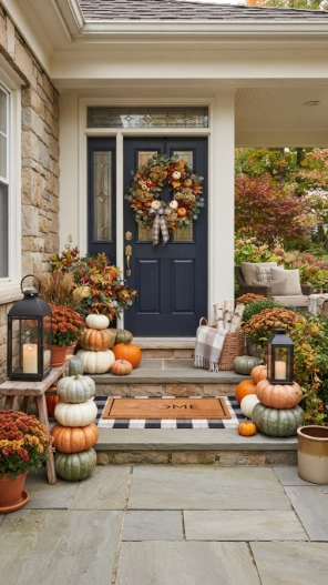 Front Doors Fall Porch Decorating Ideas with balanced seasonal styling