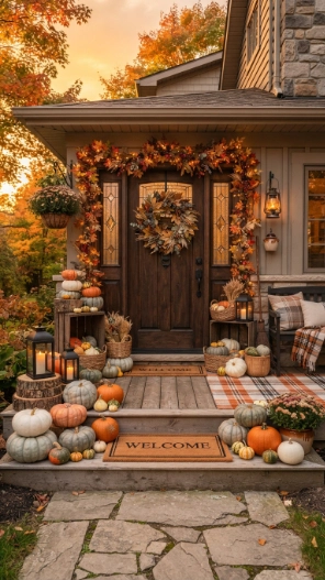 Front Doors Fall Porch Decorating Ideas with pumpkins and gourds