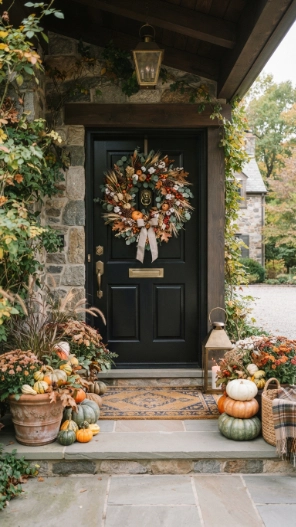 Front Doors Fall Porch Decorating Ideas with a seasonal fall wreath