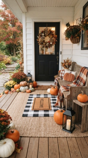 Front Doors Fall Porch Decorating Ideas with layered doormats