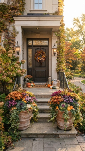 Front Doors Fall Porch Decorating Ideas with mums and planters