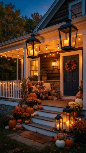Front Doors Fall Porch Decorating Ideas with lanterns and lighting