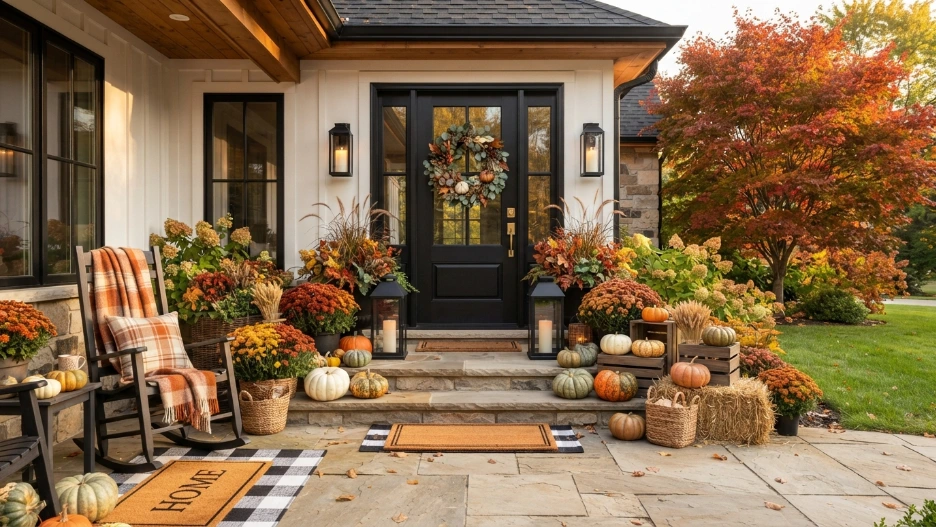 Front Doors Fall Porch Decorating Ideas featuring a seasonal wreath, pumpkins, mums, lanterns, layered doormats, and a cozy farmhouse-style autumn entrance.