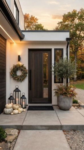 Modern Fall Porch Decor Ideas with neutral pumpkins, black lanterns, and a stylish autumn entrance