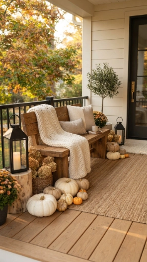 Modern Fall Porch Decor Ideas with cozy outdoor seating