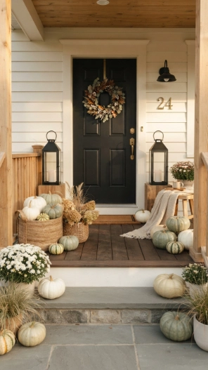 Modern Fall Porch Decor Ideas with white pumpkins and neutral autumn decor