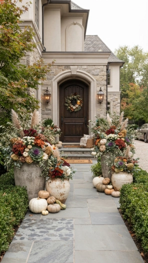 Modern Fall Porch Decor Ideas with statement planters
