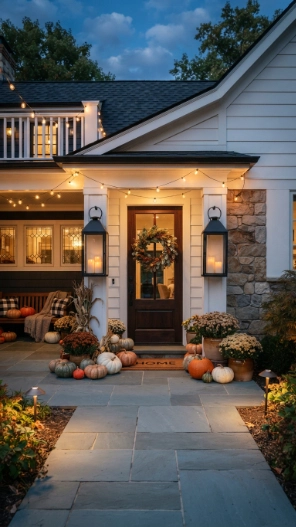 Modern Fall Porch Decor Ideas with lanterns and warm lighting