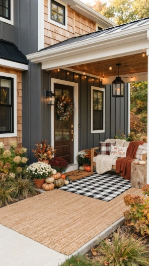 Modern Fall Porch Decor Ideas with layered outdoor rugs