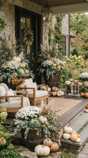 Modern Fall Porch Decor Ideas with seasonal flowers and greenery