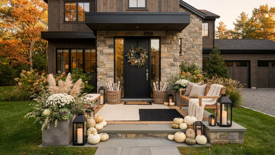 Modern Fall Porch Decor Ideas featuring white pumpkins, black lanterns, neutral planters, a eucalyptus wreath, and a stylish minimalist autumn front porch.