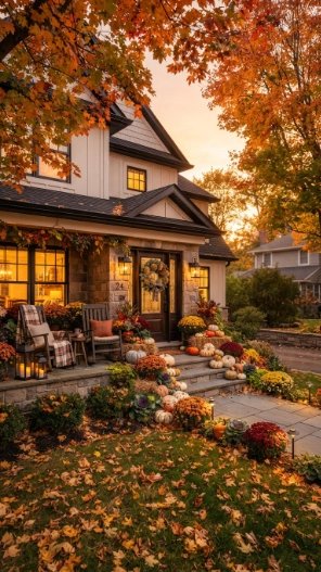 Outdoor Fall Porch Decor Ideas that boost curb appeal with pumpkins and mums