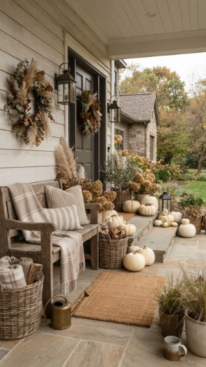 Neutral Outdoor Fall Porch Decor Ideas