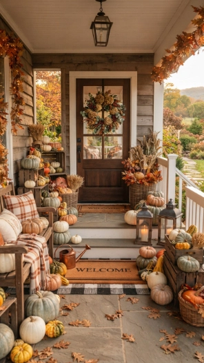 Outdoor Fall Porch Decor Ideas with pumpkins and gourds