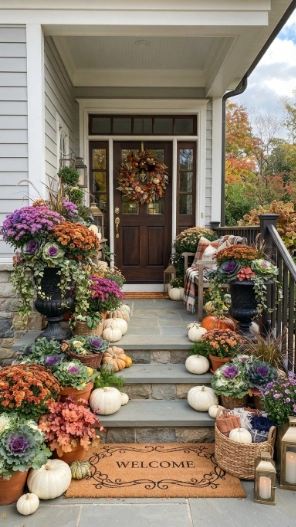 Outdoor Fall Porch Decor Ideas with seasonal flowers