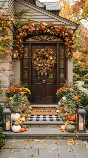 Outdoor Fall Porch Decor Ideas with a decorated front door