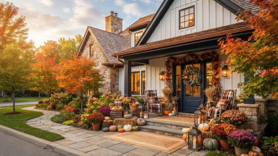 Outdoor Fall Porch Decor Ideas featuring pumpkins, mums, lanterns, plaid blankets, and a cozy farmhouse front porch with beautiful autumn curb appeal.
